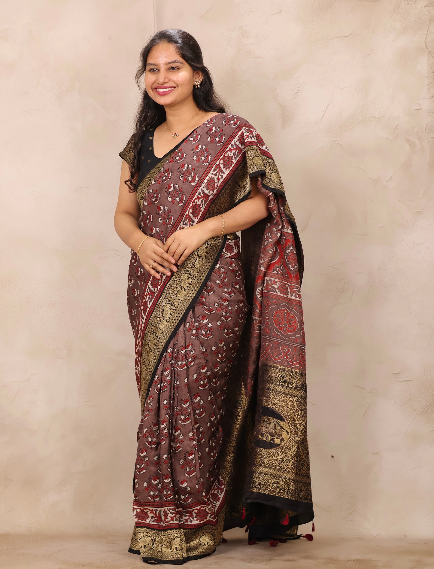 Dusty Brown Ajrakh Handblock printed Dola Silk Saree | Looms & Tassels