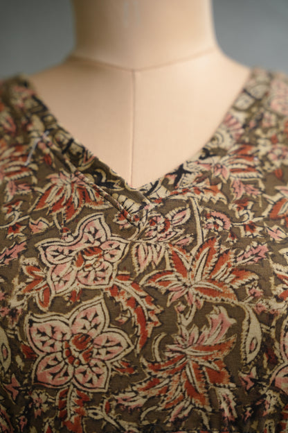 Olive Green V Neck Stretchable Hand block printed kalamkari blouse