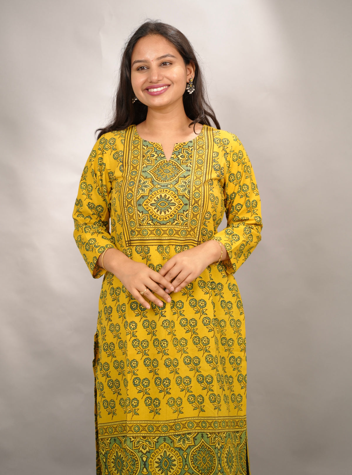 Mustard Yellow Ajrakh Pattern Hand Block printed Kurti | Looms & Tassels