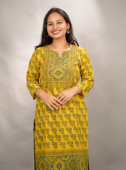 Mustard Yellow Ajrakh Pattern Hand Block printed Kurti | Looms & Tassels