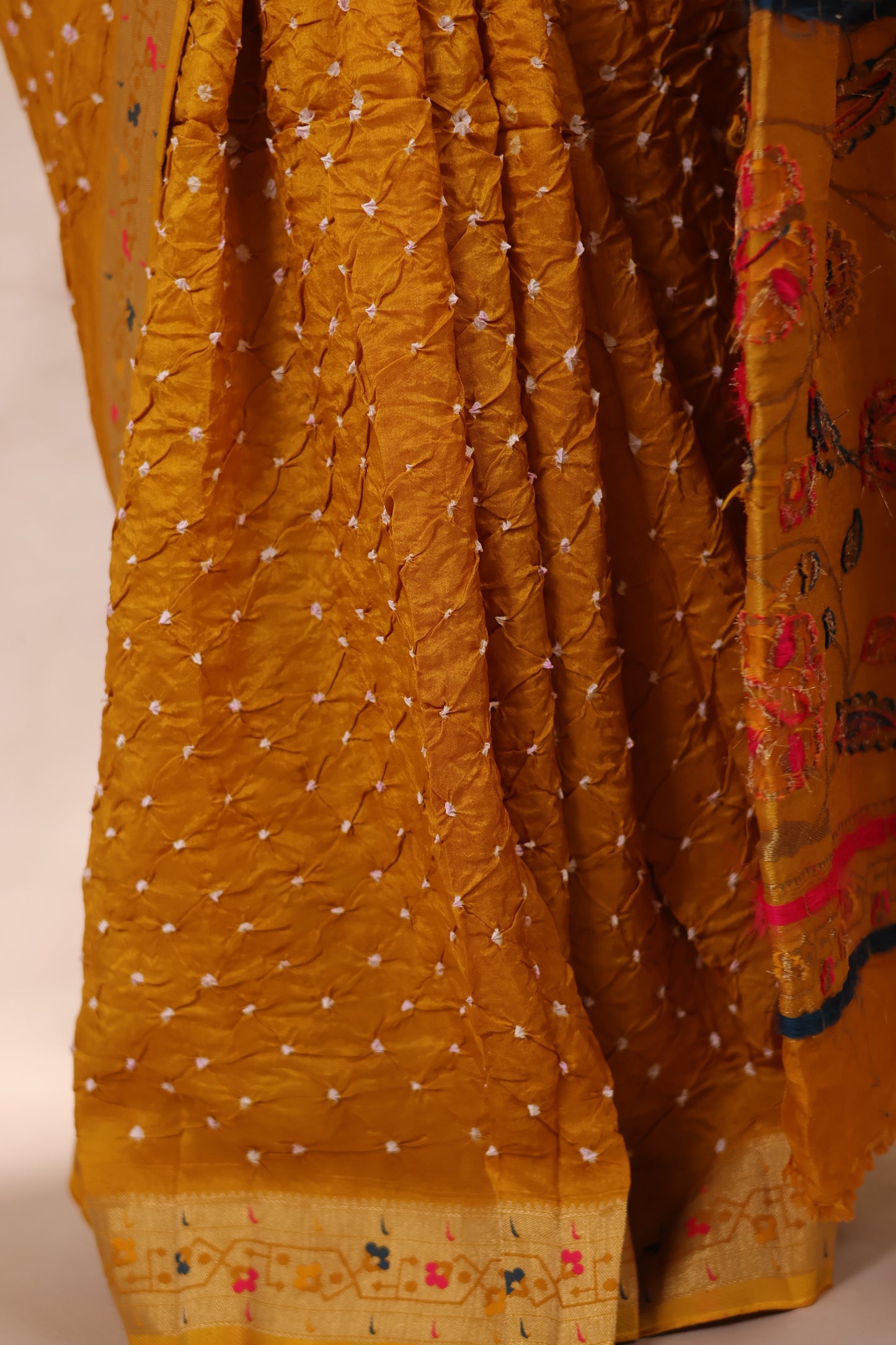 Mustard Handcrafted Bandhani Paithani Dola Silk Saree | Looms & Tassels