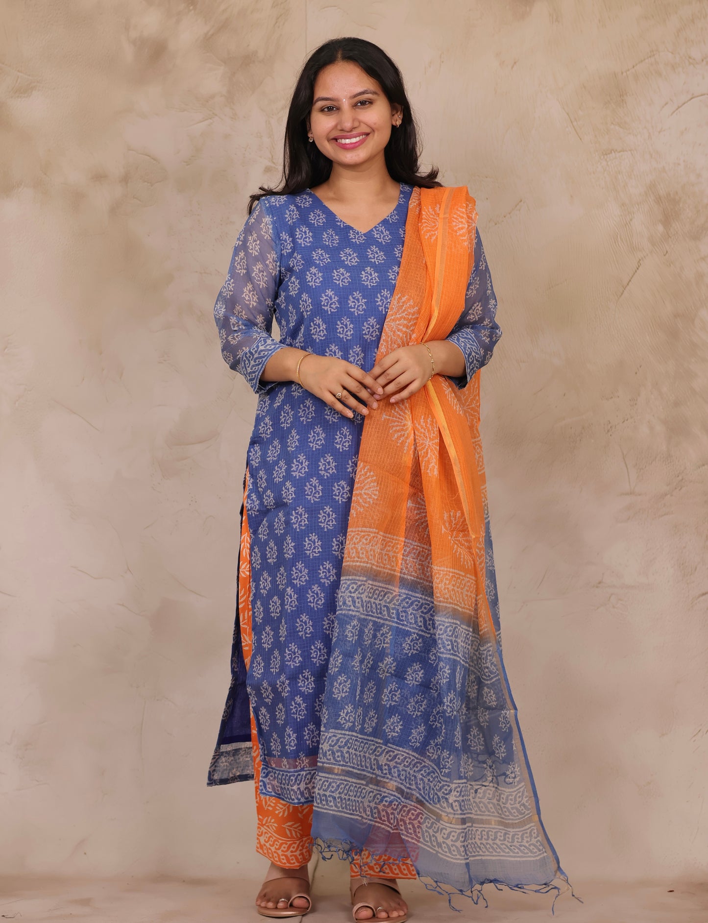Blue Handblock printed kota 3 piece suit (stitched)
