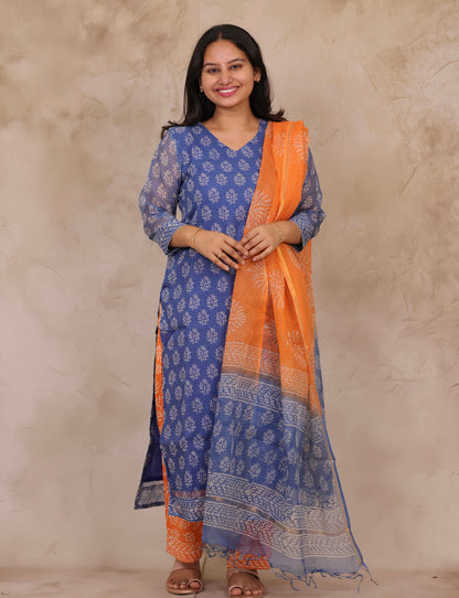 Blue Handblock printed kota 3 piece suit (stitched)