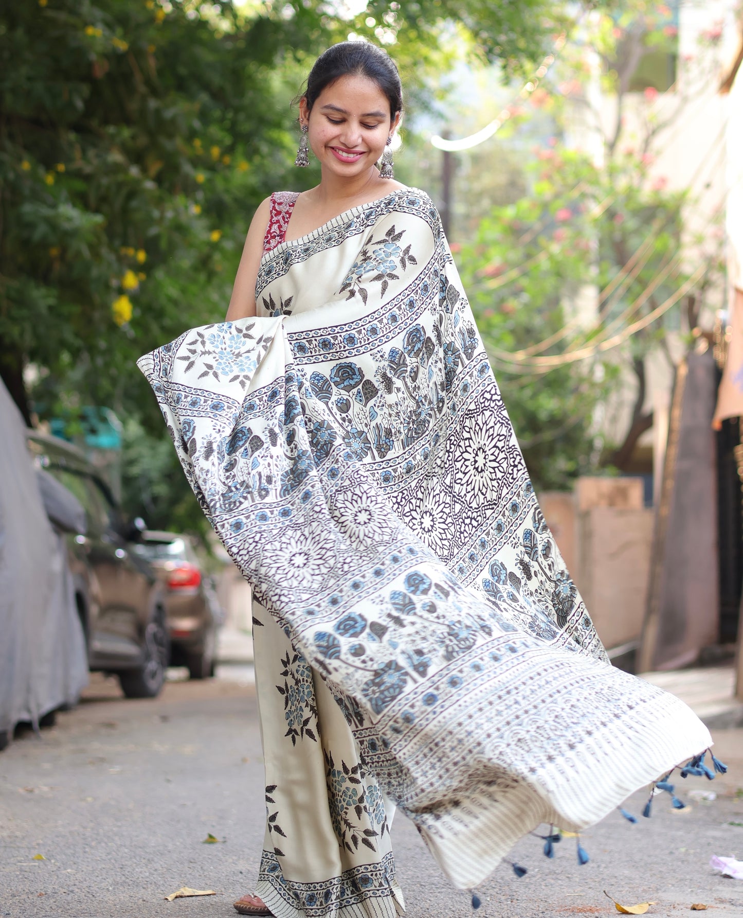 Cream Ajrakh Modal Silk Saree