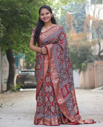 Red Traditional Badam Butta Ajrakh Handblock Printed Dola Silk Saree