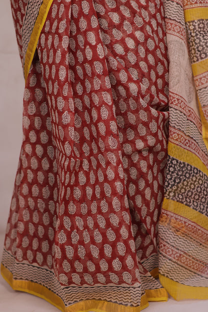 Maroon Pure Kota Doria Saree with Bagru Handblock Prints | Looms & Tassels