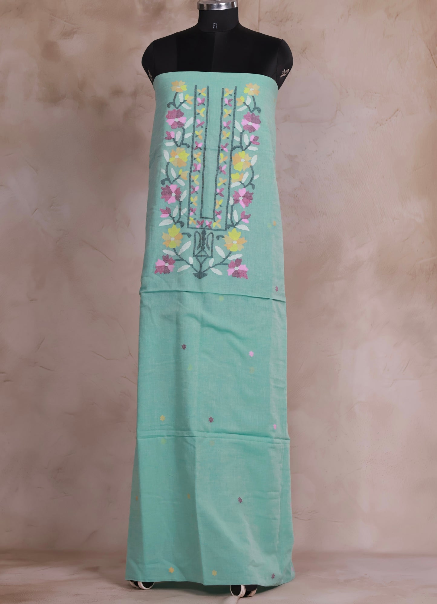 Sea Green Handwoven Jamdhani weaving pure Malai cotton 2 piece suit sets | Looms & Tassels