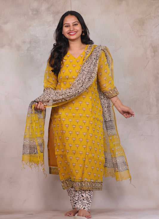 Yellow Handblock printed kota 3 piece suit (stitched)