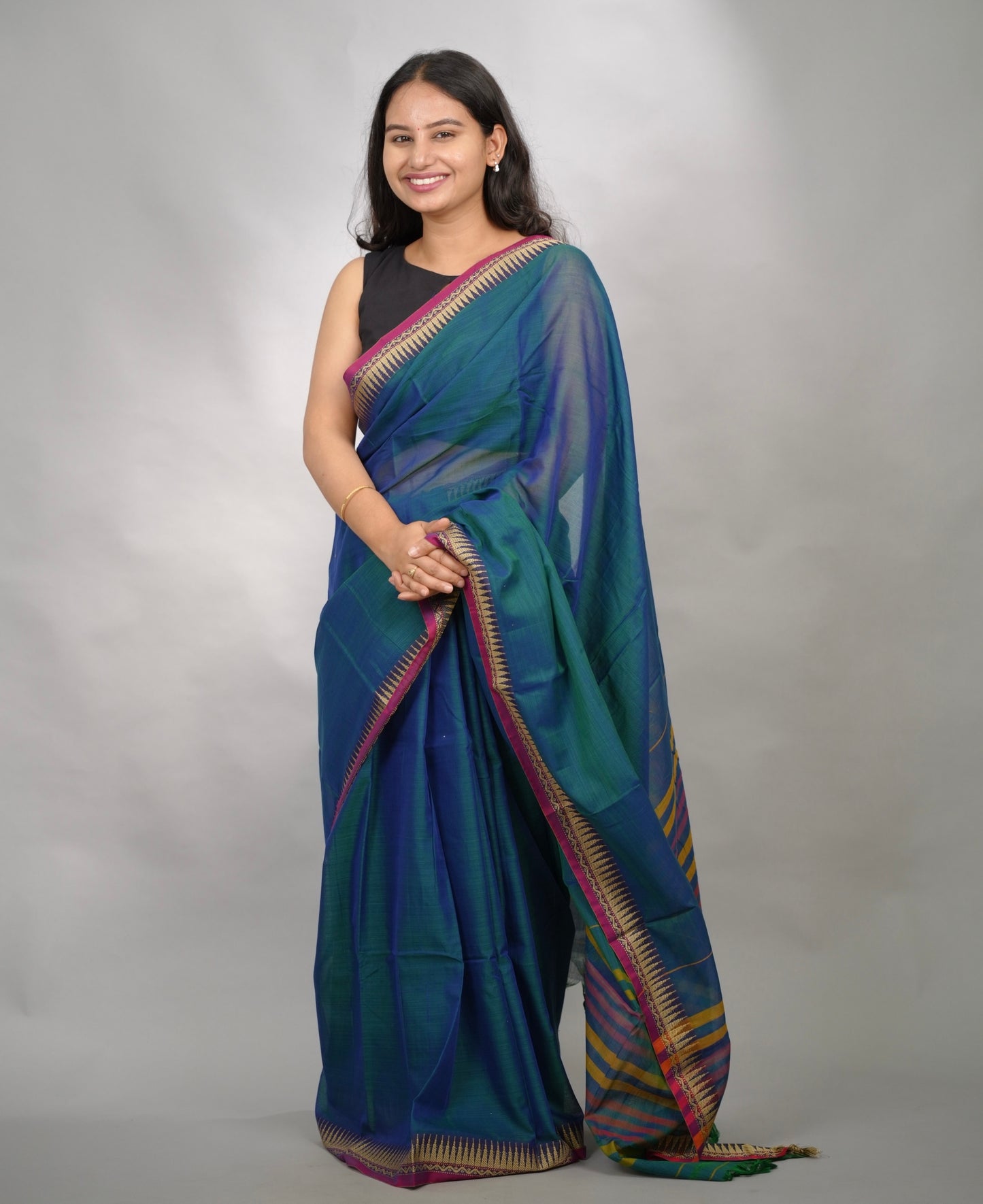 Peacock Blue Narayanpet Cotton Saree With Temple Border | Looms & Tassels
