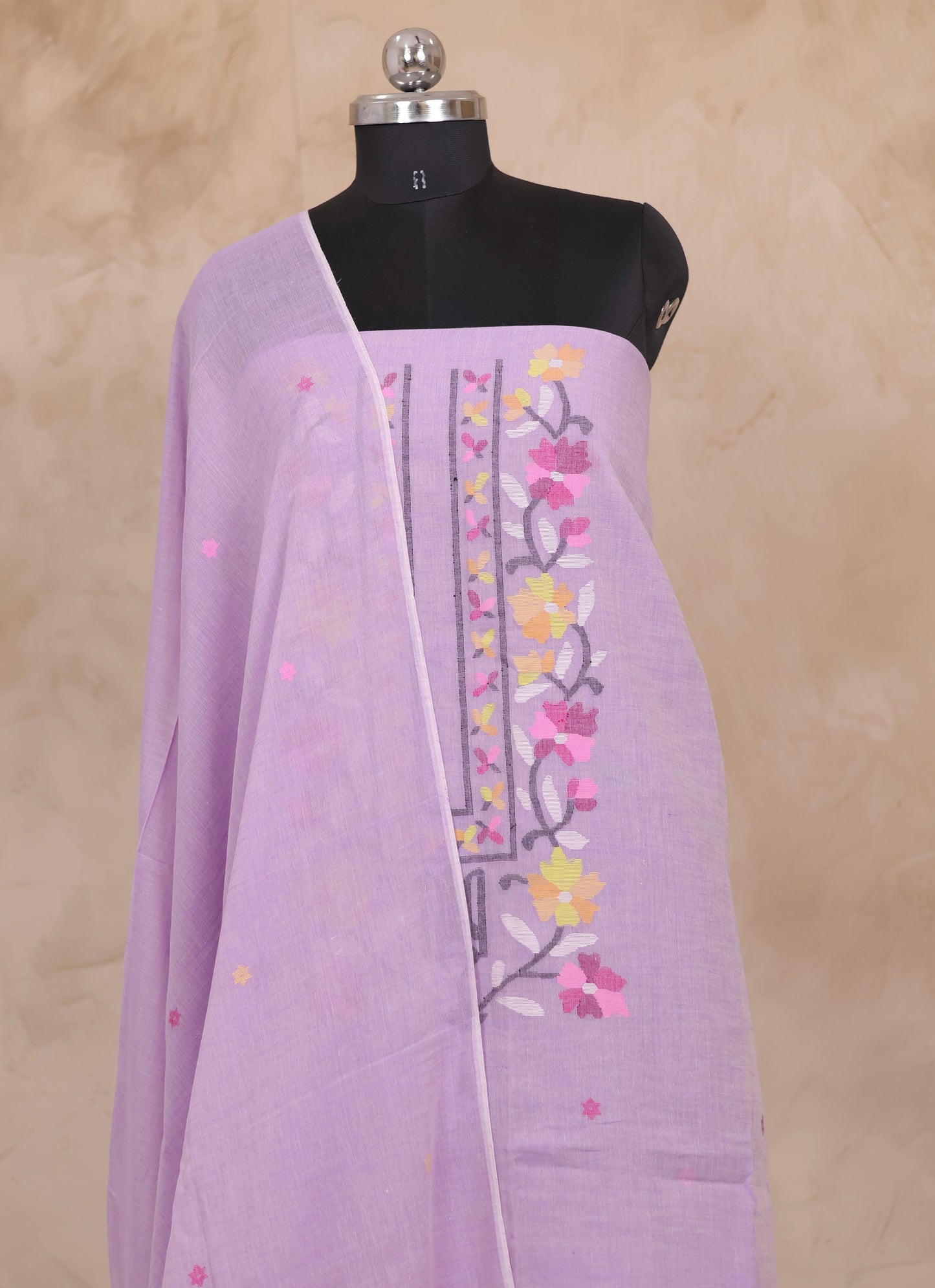 Lavender Handwoven Jamdhani weaving pure Malai cotton 2 piece suit sets | Looms & Tassels