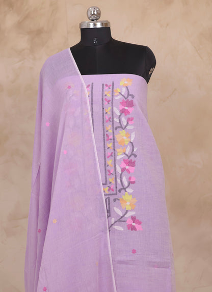 Lavender Handwoven Jamdhani weaving pure Malai cotton 2 piece suit sets | Looms & Tassels