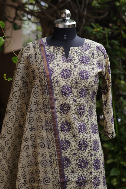 Cream Handblock printed Pure Mul Cotton with Kota Doria Duppata 3 piece suit (stitched)