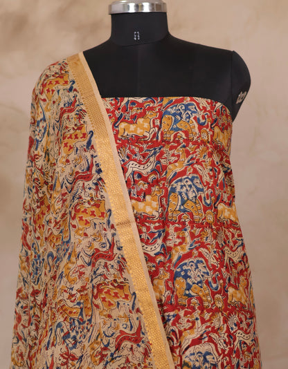 Hand Block Printed Kalamkari Unstitched 3pc Suit Set