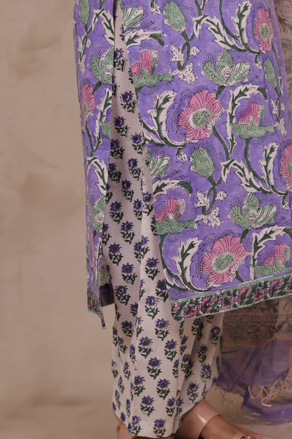 Lavender Handblock printed Pure Mul Cotton with Kota Doria Duppata 3 piece suit (stitched)