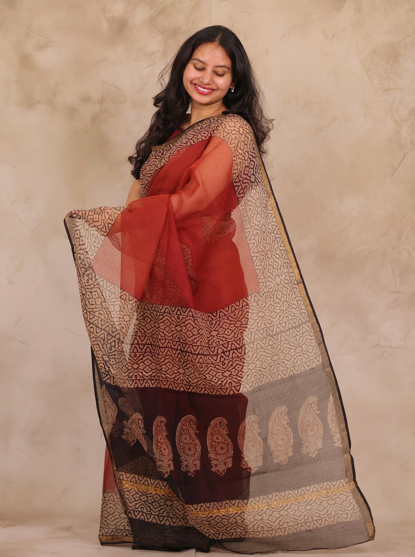 Maroon Pure Kota Doria Saree with Bagru Handblock Prints | Looms & Tassels