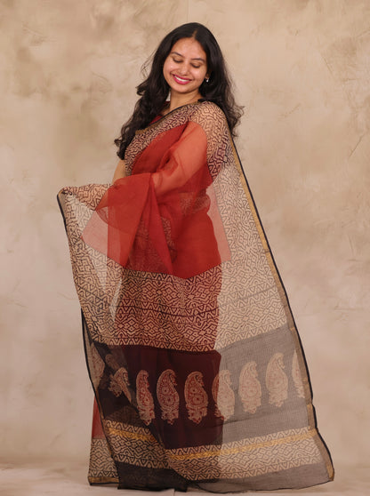 Maroon Pure Kota Doria Saree with Bagru Handblock Prints | Looms & Tassels