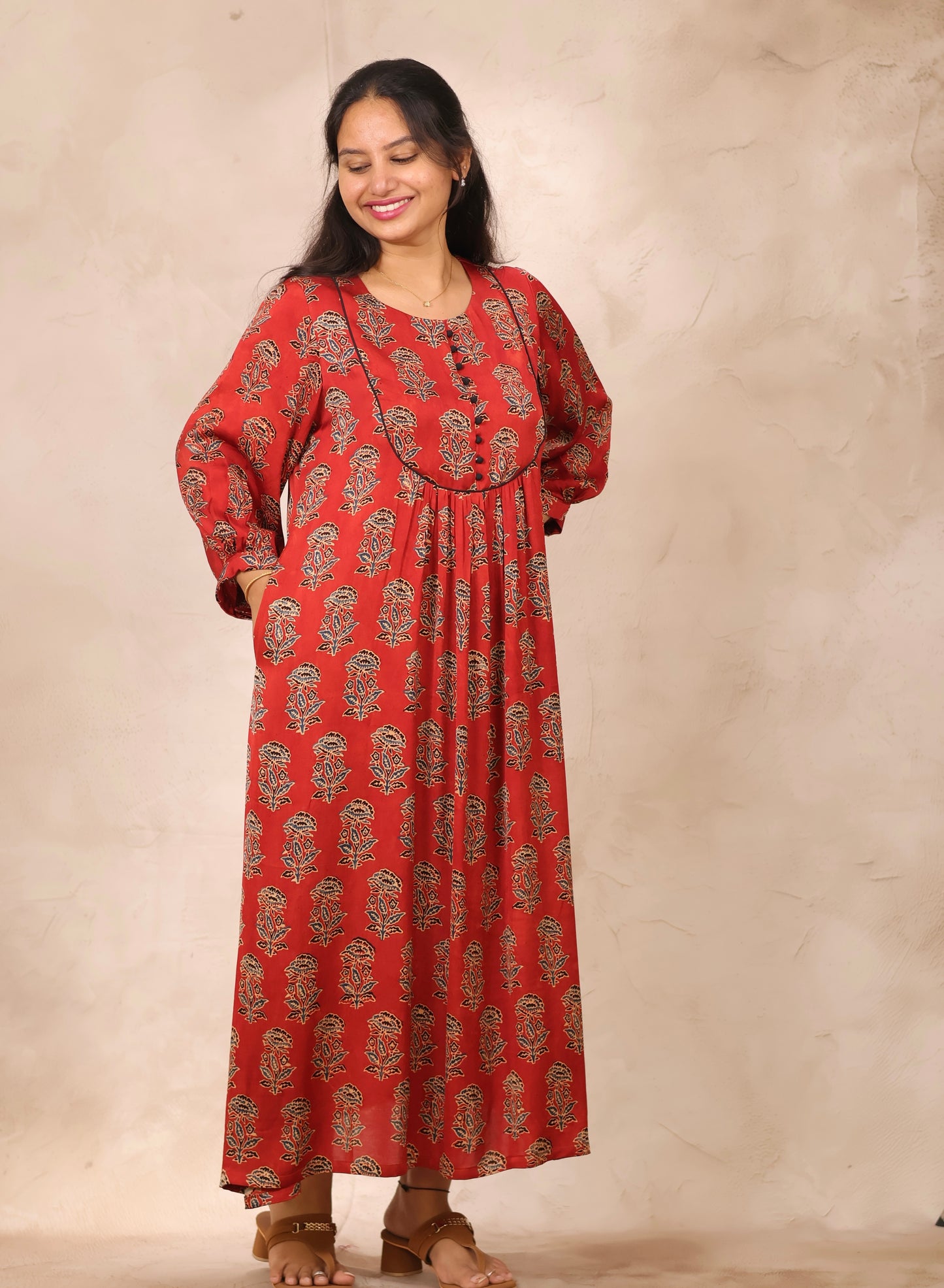 Red Ajrakh Modal Silk Aline Dress | Looms & Tassels