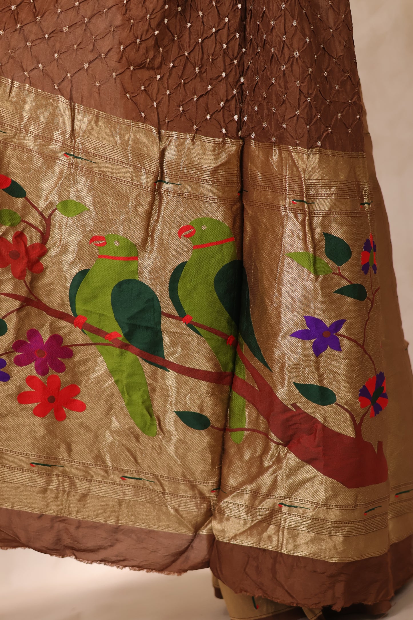 Brown Handcrafted Bandhani Paithani Dola Silk Saree | Looms & Tassels
