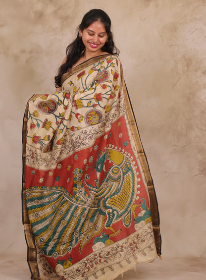 Cream Lotus Kalamkari Nizam Border Chennur Silk Saree | Looms & Tassels