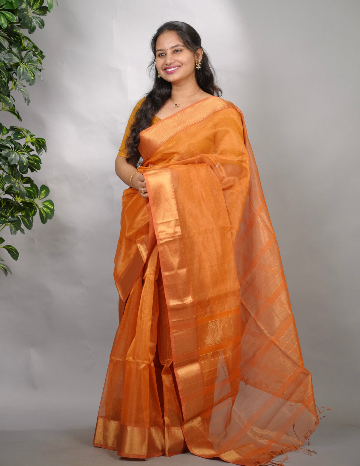 Orange Checks Handloom Maheswari Tissue Silk Cotton Sarees | Looms & Tassels