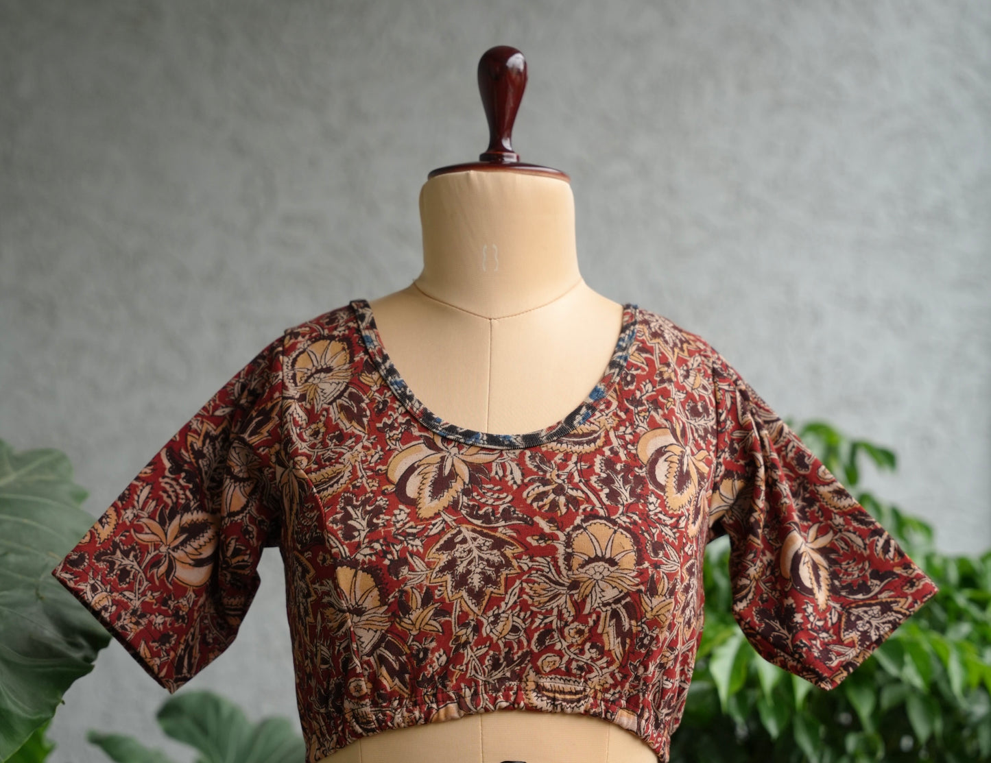 Red Round Neck Stretchable Hand block printed kalamkari blouse
