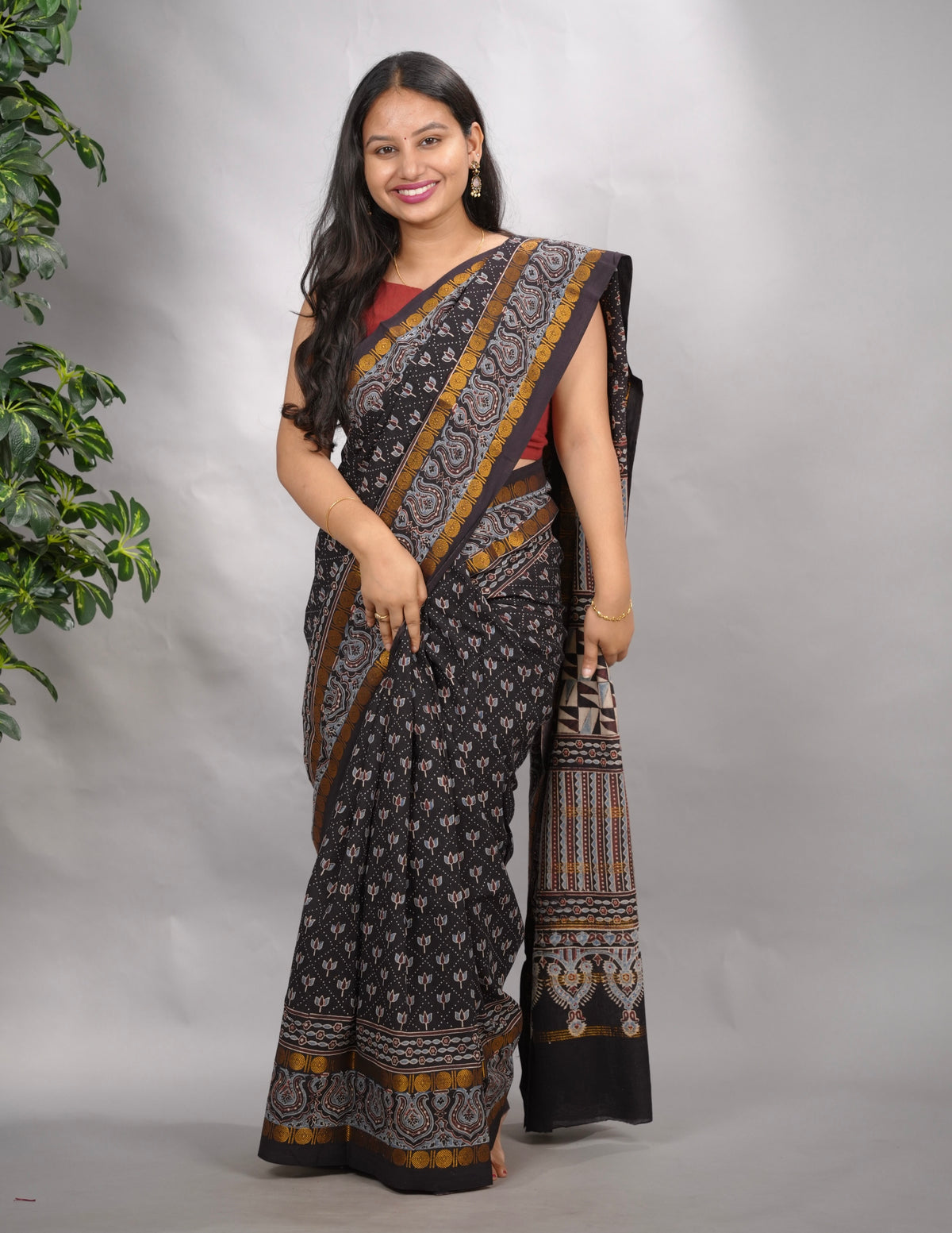 Black Ajrakh Hand Block Printed Sungudi Cotton Saree | Looms & Tassels