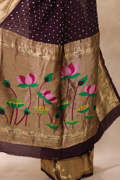 Deep Purple Handcrafted Bandhani Paithani Dola Silk Saree | Looms & Tassels