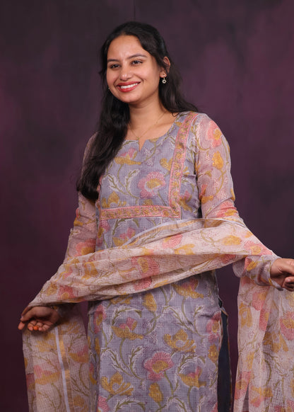 Grey Handblock printed kota 3 piece suit with chudi sleeves
