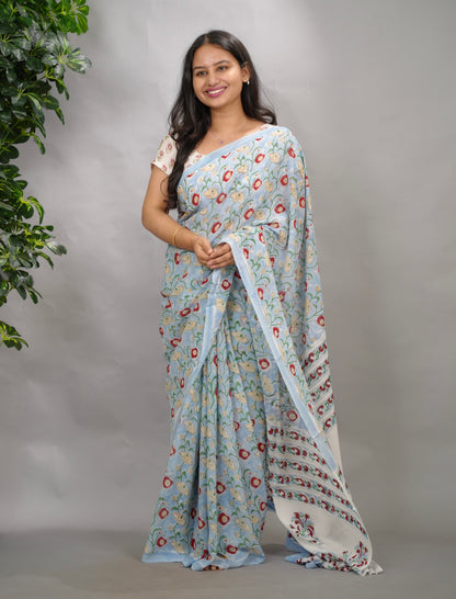 Powder Blue Georgette Hand Block Printed Saree| Looms & Tassels