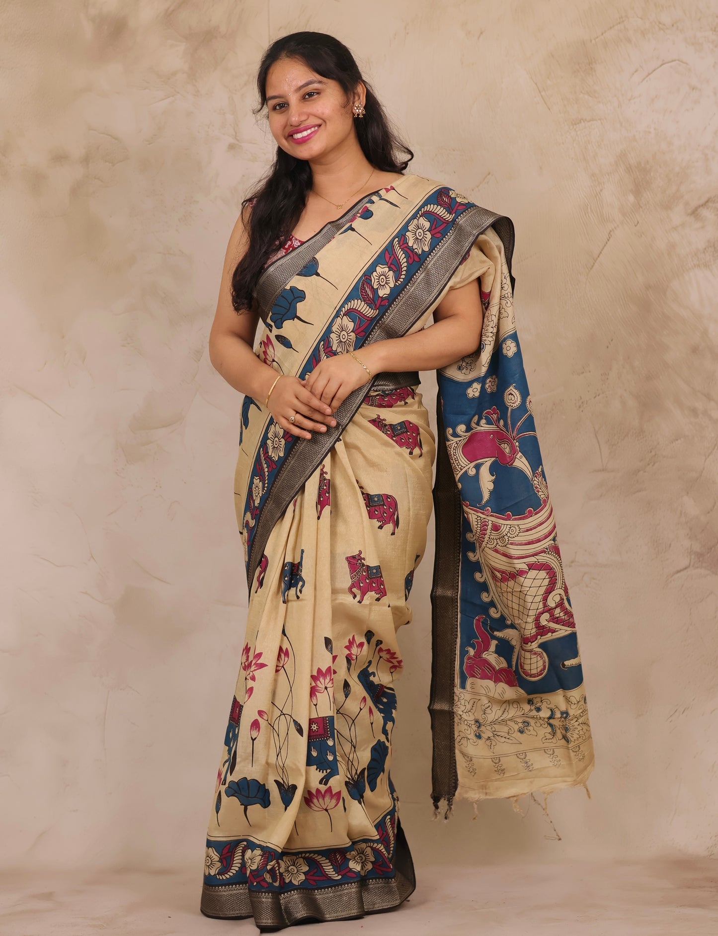 Cream Pichwai Design Kalamkari Nizam Border Chennur Silk Saree | Looms & Tassels