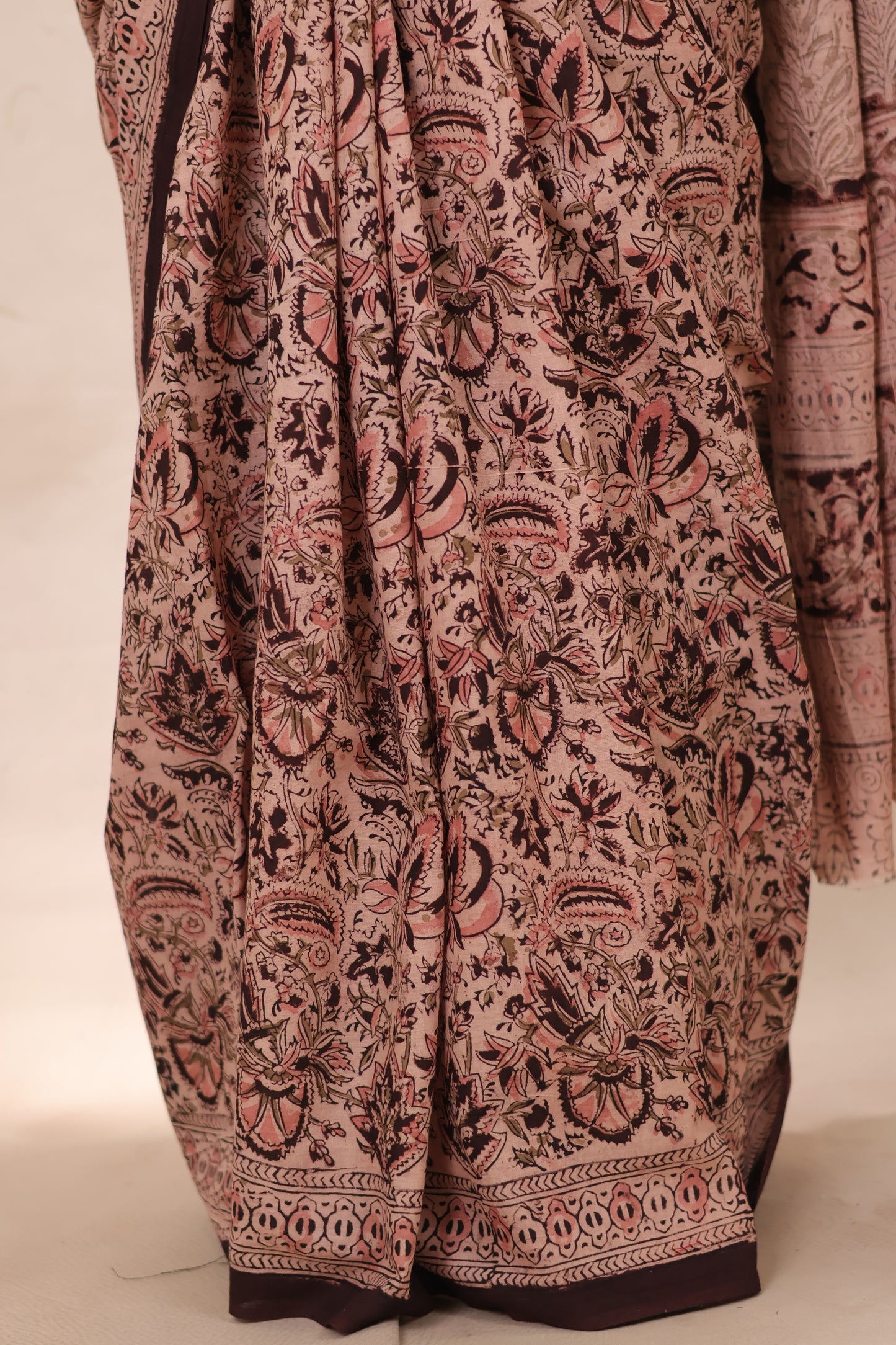 Cream Hand Block Printed Kalamkari Cotton Saree | Looms & Tassels