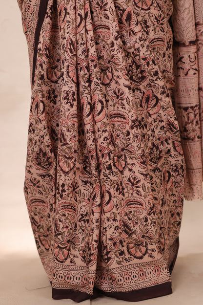 Cream Hand Block Printed Kalamkari Cotton Saree | Looms & Tassels