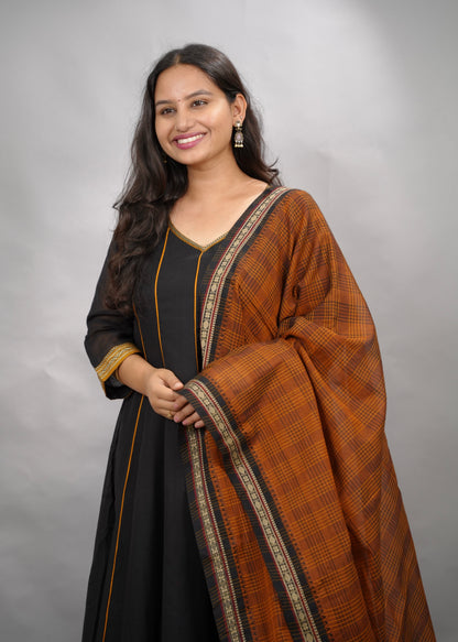 Black Narayanpet Cotton Anarkali Dress with Narayanpet Dupatta | Looms & Tassels