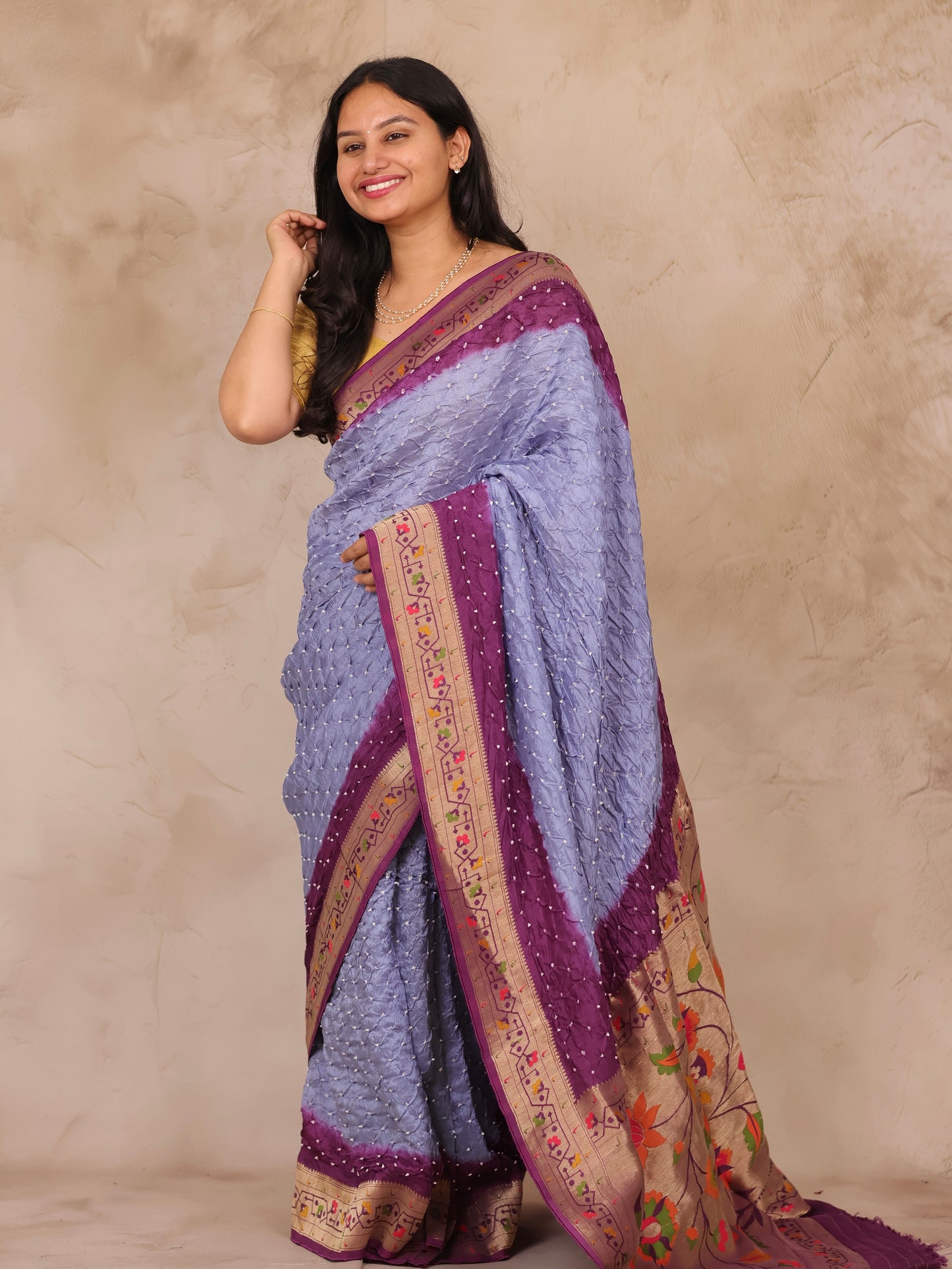 Lavender Blue & Purple Handcrafted Bandhani Paithani Dola Silk Saree | Looms & Tassels