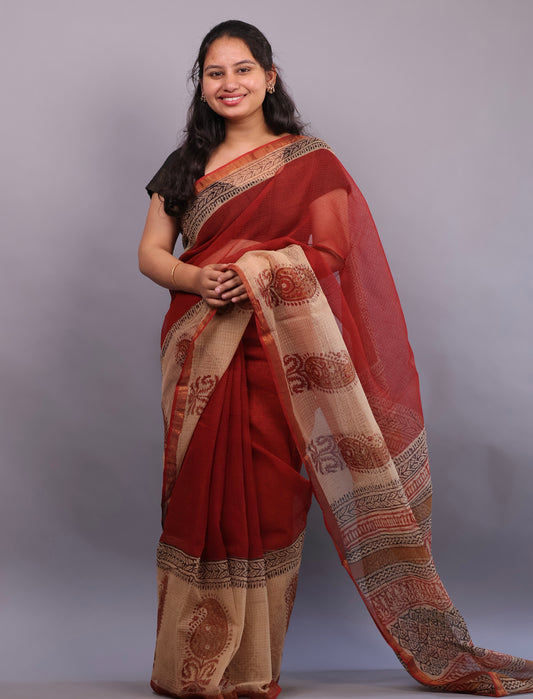 Pure Kota Doria Saree with Bagru Handblock Prints – Rust Maroon | Looms&Tassels