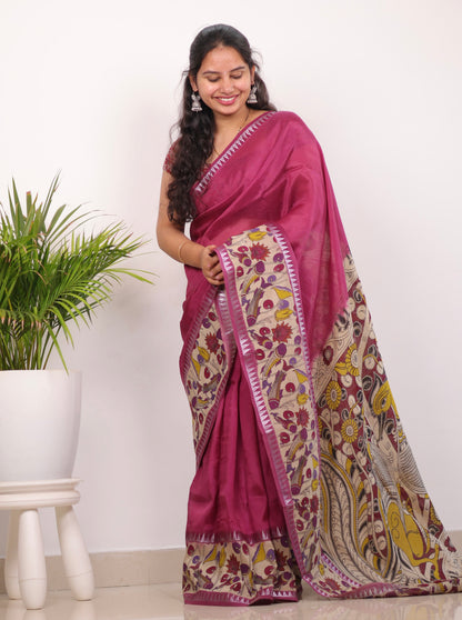 Magenta Plain Gap Border Kalamkari Premium Chennur Silk Handcrafted Saree