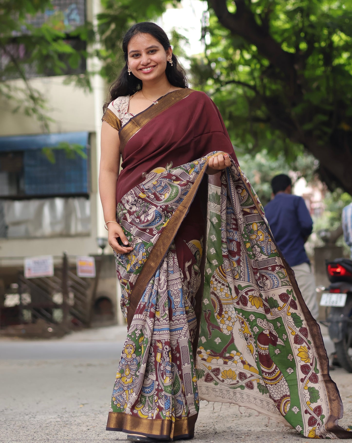 Brown Nizam Border Kalamkari Silk Saree