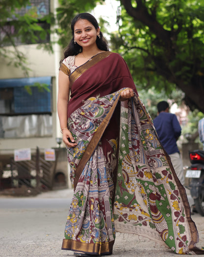 Brown Nizam Border Kalamkari Silk Saree