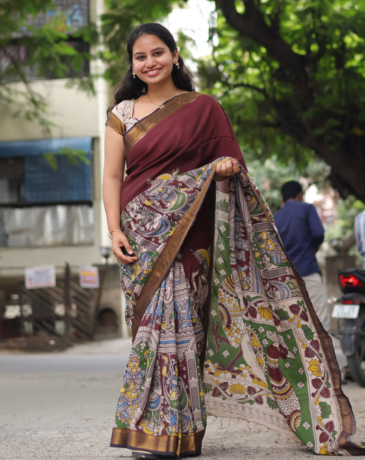 Brown Nizam Border Kalamkari Silk Saree