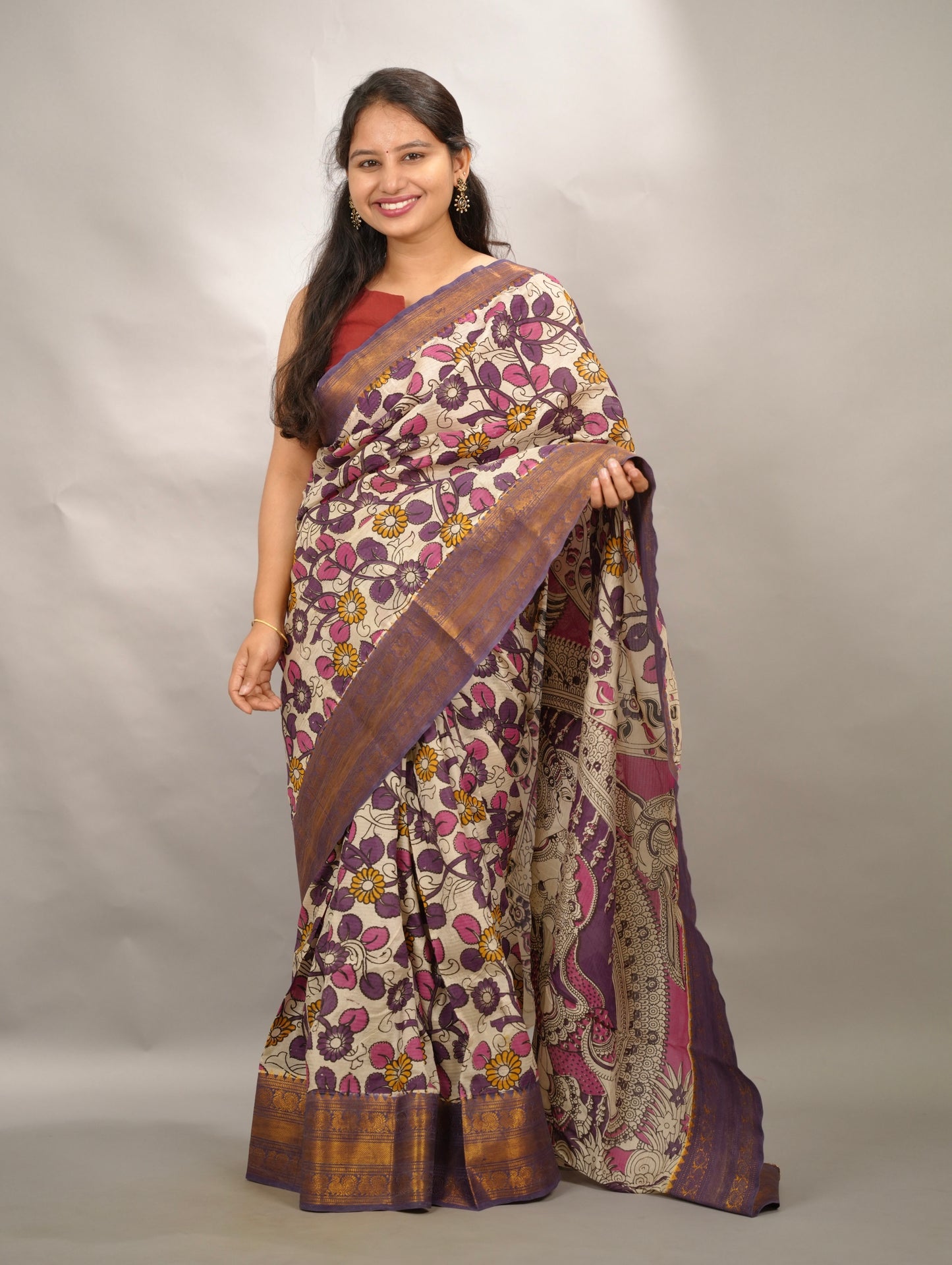 Off White Kanchi border Kalamkari chennur silk saree | Looms & Tassels