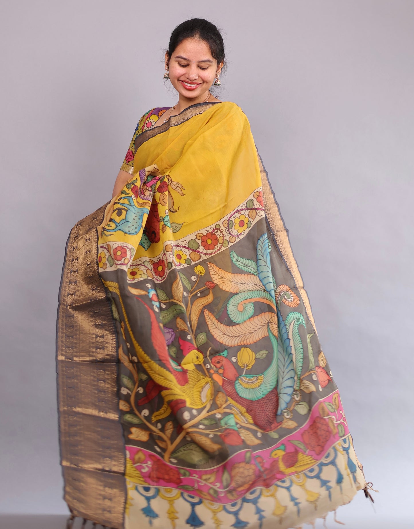 Yellow Hand Painted Pen Kalamkari Silk Saree