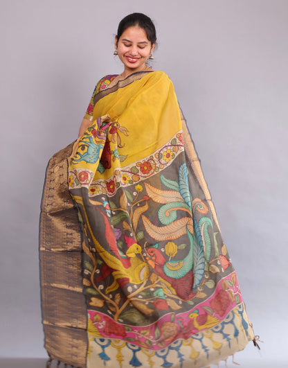 Yellow Hand Painted Pen Kalamkari Silk Saree