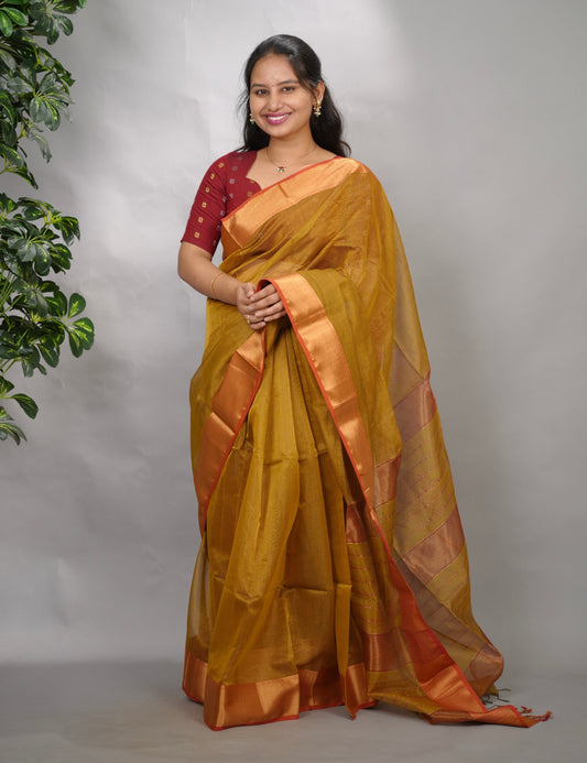 Mustard Yellow Checks Handloom Maheswari Tissue Silk Cotton Sarees | Looms & Tassels