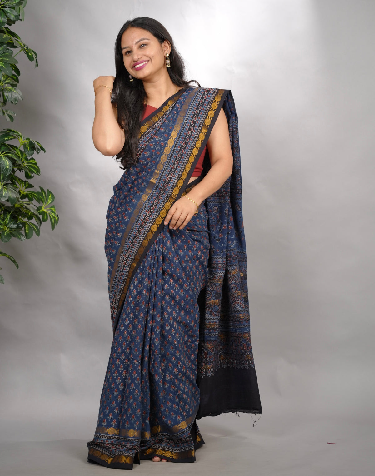 Indigo Ajrakh Hand Block Printed Sungudi Cotton Saree | Looms & Tassels