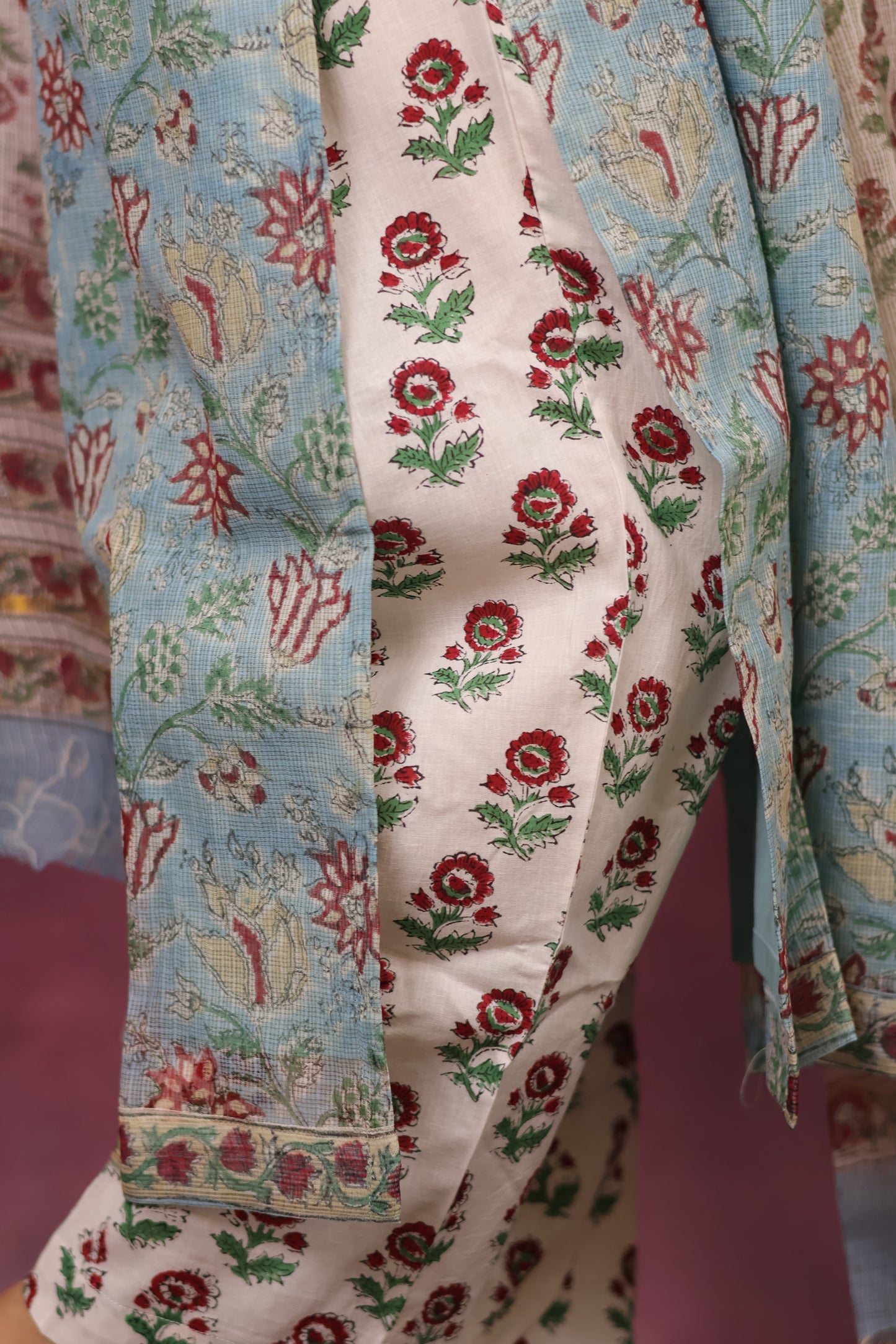 Sky Blue Handblock printed kota 3 piece suit (stitched)