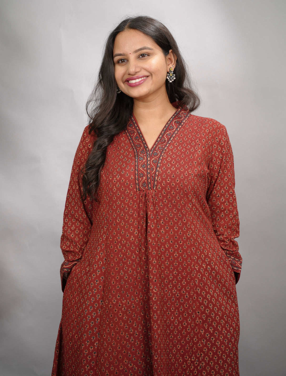 Rust Maroon Butti Ajrakh Cotton Kali Kurta | Looms & Tassels