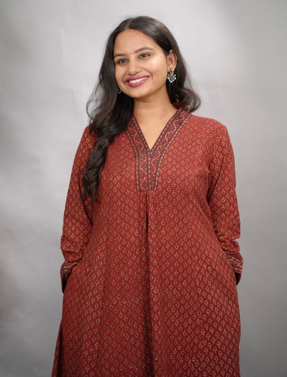 Rust Maroon Butti Ajrakh Cotton Kali Kurta | Looms & Tassels