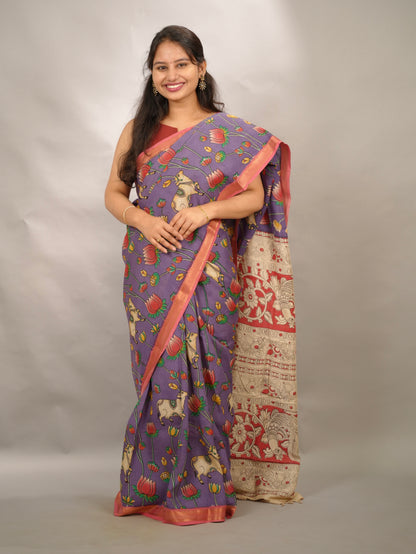 Lavender Kalamkari Nizam Border Chennur Silk Saree | Looms & Tassels