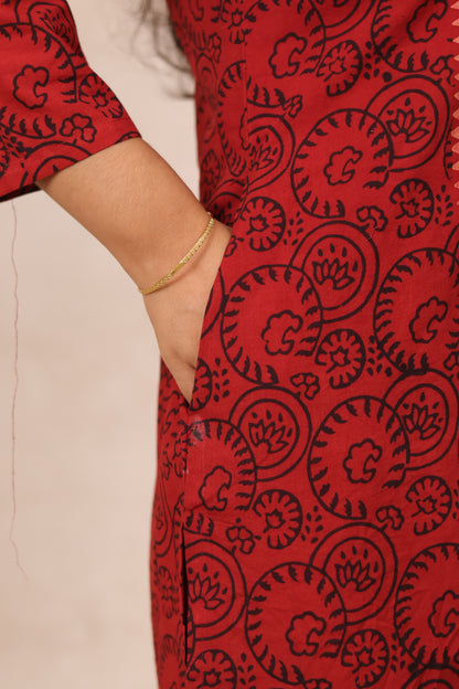 Red & Black Ajrakh Pattern Hand Block Cotton printed Kurti | Looms & Tassels