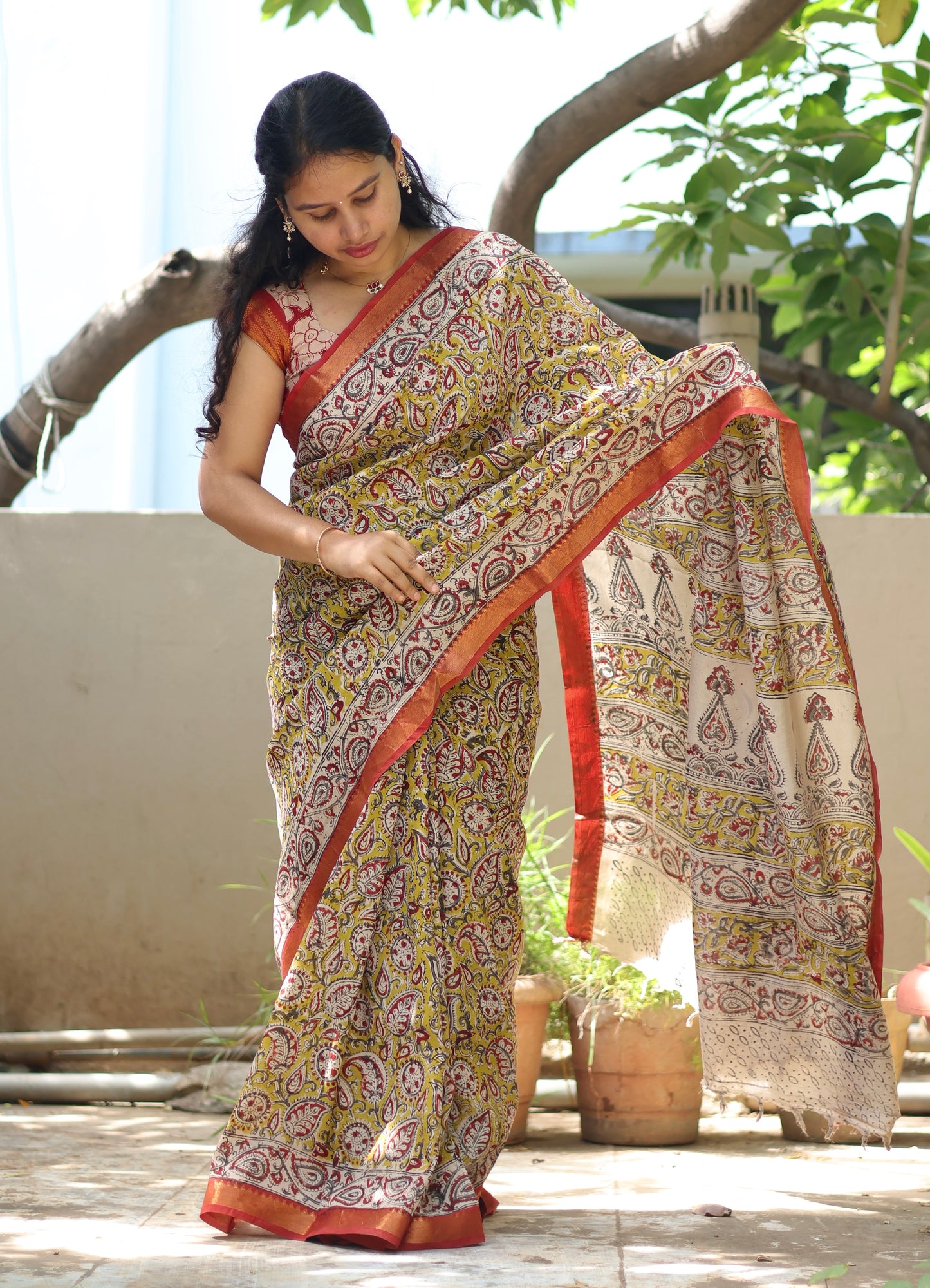 Hand Block Printed Kalamkari Nizam Border Silk Saree